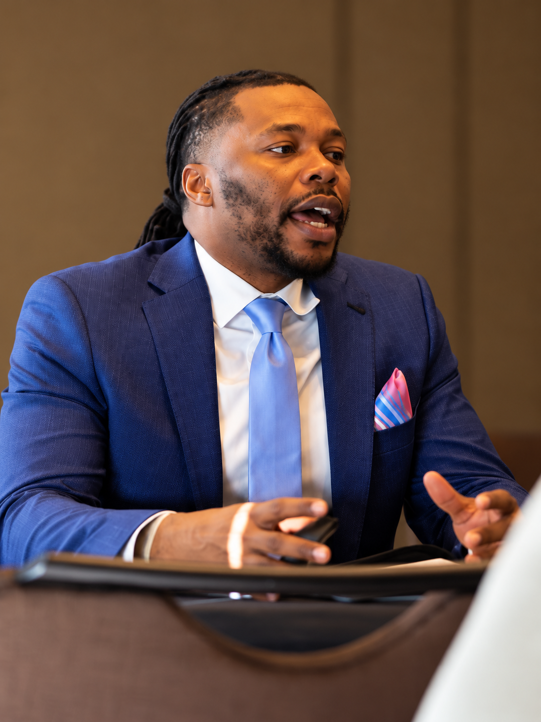 Austin T. Wyatt Sr. speaking during a discussion at the American Society of Criminology conference